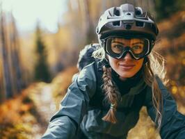 ai generado joven dama montando fuera del camino montaña deporte bicicleta terminado extremo áspero terreno foto