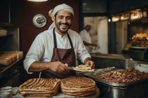 AI generated Middle eastern cuisine food served by a welcoming arab man in an authentic middle easter restaurant photo