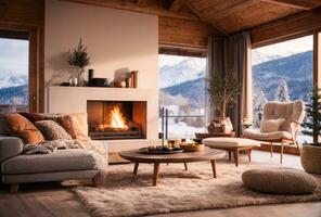 AI generated Modern cozy chalet in the mountains with a fireplace and a comfortable living room in winter photo