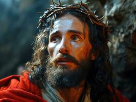 ai generado Jesús Cristo en el cruzar en el camino a su crucifixión en vía dolorosa en Jerusalén foto
