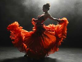 ai generado apasionado Español gitano nacional cultura danza flamenco realizado por un hembra bailarín foto