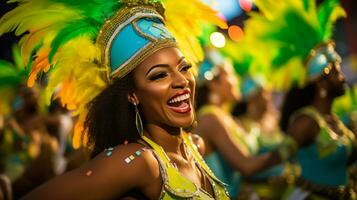 ai generado barziliano carnaval desfile en rio con hermosa señoras bailando samba en plumado disfraces foto