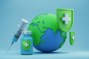 3d rendering creative concept illustration of earth world get immune protection and shield by bottle of vaccine and medical injection syringe from corona virus disease photo