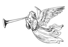 Angel playing the trumpet hand drawn sketch Vector illustration