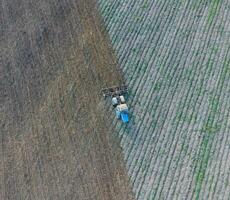 Top view of the tractor that plows the field. disking the soil. Soil cultivation after harvest photo