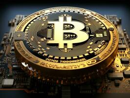 AI generated Golden bitcoin on a circuit board. Cryptocurrency concept. photo