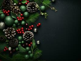 AI generated Top down perspective of festive Christmas decorations a New Year green backdrop photo