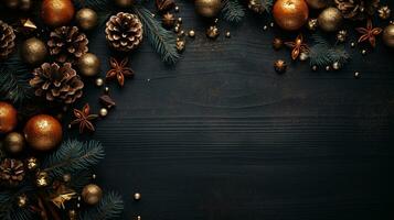 AI generated Top down perspective of festive Christmas decorations a New Year backdrop photo