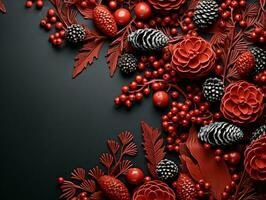 AI generated Top down perspective of festive Christmas decorations a New Year red backdrop photo