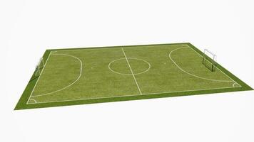 visualization of a mini soccer, mini football, futsal court with green artificial turf. realistic video rendering with a white background