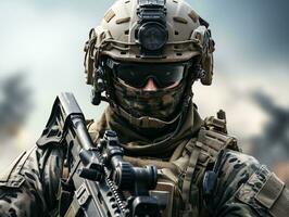 ai generado unido estados Ejército especial efectivo soldado en uniforme y casco con asalto rifle foto