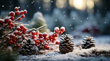 AI generated Winter background with snow covered pine cones and viburnum berries. photo