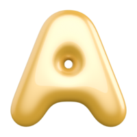 Gold bubble letter A font 3d render png