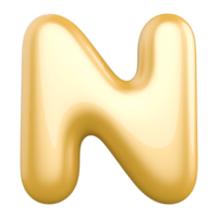 Gold bubble letter N font 3d render png