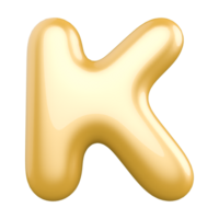 Gold bubble letter K font 3d render png