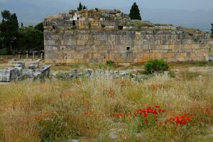 remains of the ancient antique buildings of Hierapolis from limestone blocks, dilapidated walls. photo