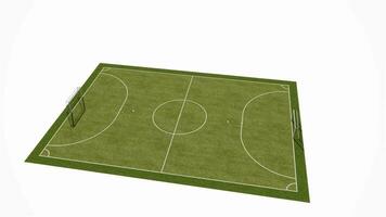 visualização do uma mini futebol, mini futebol, futsal quadra com verde artificial território. realista vídeo Renderização com uma branco fundo video