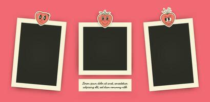 Set of instant photo frame mockups with shadows. Photo album template. Empty image for memory. Blank realistic postcard. Isolated on white background. Vector illustration, flat style.