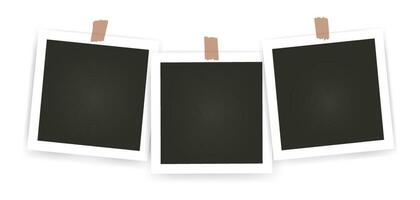 Set of instant photo frame mockups with shadows. Photo album template. Empty image for memory. Blank realistic postcard. Isolated on white background. Vector illustration, flat style.