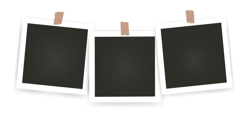 Set of instant photo frame mockups with shadows. Photo album template. Empty image for memory. Blank realistic postcard. Isolated on white background. Vector illustration, flat style.