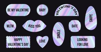 Valentine 's day set of holographic retro futuristic stickers. Vector illustration with iridescent foil adhesive film with symbols, shapes and objects y2k style. Holographic futuristic labels design