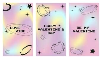 Modern design templates of Valentines day and Love card, banner, poster, cover set. Trendy minimalist aesthetic with gradients and typography, y2k backgrounds. Pale pink yellow, purple vibrant colors vector