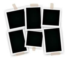 Set of instant photo frame mockups with shadows. Photo album template. Empty image for memory. Blank realistic postcard. Isolated on white background. Vector illustration, flat style.