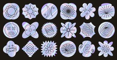 Set of holographic retro futuristic stickers. Design circle stars flowers shapes lines square. Vector illustration iridescent foil adhesive film with symbols, objects in y2k style. Futuristic labels