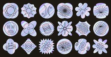 Set of holographic retro futuristic stickers. Design circle stars flowers shapes lines square. Vector illustration iridescent foil adhesive film with symbols, objects in y2k style. Futuristic labels