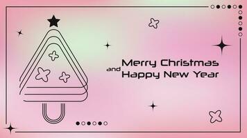 Y2k merry Christmas retro Banner in abstract aesthetic style. Vector illustration with 2000s pastel gradients. Design template with jolly star, shapes, New Year tree on Pale colorful background.