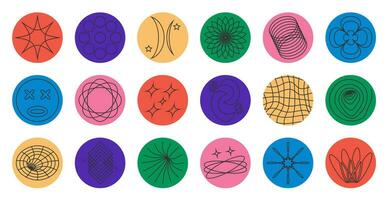 Circle sticker pack. Shapes in trendy retro 90s cartoon style. Vector illustration with wavy geometric elements. Brutalism aesthetic. Multicolored