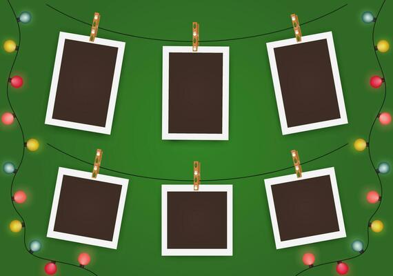 Christmas empty photo frame mockup with lights, tree and snowman. New Year realistic Scrapbook vector illustration on green background. Xmas blank framework picture template with shadows.