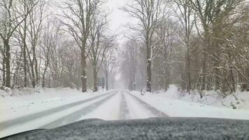 View from a moving car onto a snow-covered avenue in heavy snowfall. video