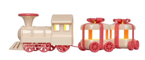 3d locomotive steam cartoon with wagons shaped like a gift box, train transport toy, happy new year. 3d render illustration png