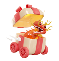 3d gift box open on wheels with chinese dragon. chinese new year 2024 capricorn. 3d render illustration png