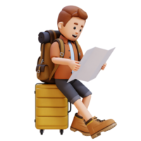 3D Traveller Character Sitting on a Suitcase and Checking the Map png