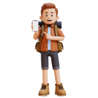 3d viajero personaje señalando a vacío teléfono pantalla png