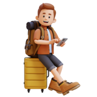 3d reiziger karakter zittend Aan een koffer en Holding slim telefoon png