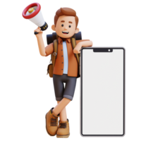 3d voyageur personnage en portant mégaphone et mensonge sur gros vide téléphone écran png