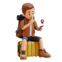 3D Traveller Character Sitting on a Suitcase and checking the GPS Location on smart phone png