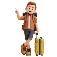 3d voyageur personnage mensonge sur valise tandis que montrer du doigt en haut png