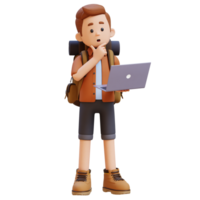 3D Traveller Character Thinking While Working on a Laptop png