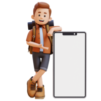 3d viajero personaje presentación y acostado en grande vacío teléfono pantalla png