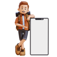 3d voyageur personnage en présentant et mensonge sur gros vide téléphone écran png