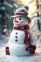 AI generated Kind Funny cartoon snowman in a knitted hat and scarf in the yard on the background cozy snow forest. Winter fairy tale, snowfall, snow entertainment, christmas and new year. AI Generated photo