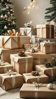 AI generated Christmas background with gift boxes with bows in neutral tones of natural eco-style, bokeh and fairy light, Christmas tree in the interior of the house. Festive Christmas and New Year photo