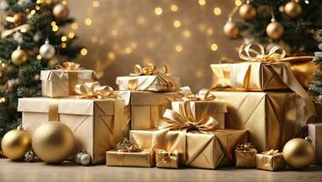 AI generated Christmas background with gift boxes with bows in bright gold tones, bokeh and fairy light, Christmas tree in the interior of the house. Festive mood Christmas and New Year, card photo