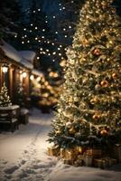 Fairy Christmas tree in courtyard of a cozy house in the background glows with warm fairy lights with golden decor, boxes with gifts. Christmas and New Year. AI generated photo