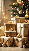 AI generated Christmas background with gift boxes with bows in bright gold tones, bokeh and fairy light, Christmas tree in the interior of the house. Festive mood Christmas and New Year, card photo