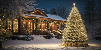 Fairy Christmas tree in courtyard of a cozy house in the background glows with warm fairy lights with golden decor, boxes with gifts. Christmas and New Year. AI generated photo